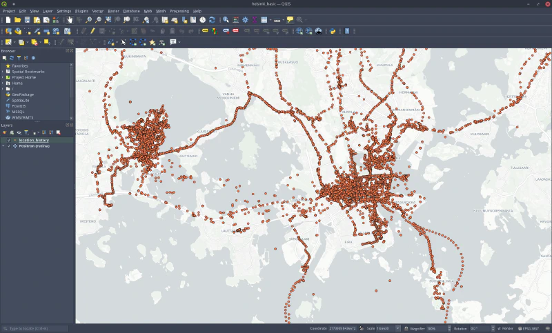 Location History data loaded in QGIS.