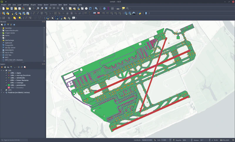 QGIS screenshot with Barcelona airport data.