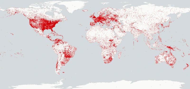 Features tagged with `aeroway=aerodrome` or `aeroway=heliport` in OpenStreetMap. A total of 45,135 as of 2022-07-10.